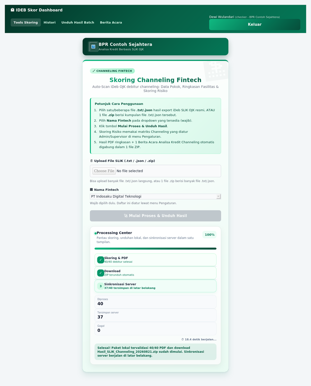 Ilustrasi halaman Tools Skoring Channeling Fintech - upload file SLIK, pilih fintech, dan Processing Center yang memantau skoring, download, dan sinkronisasi server