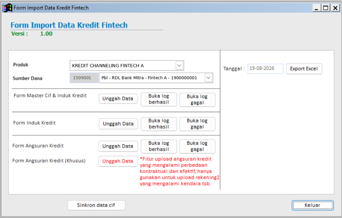 Tampilan Tools Import Mandiri channeling Fintech pada SIPT